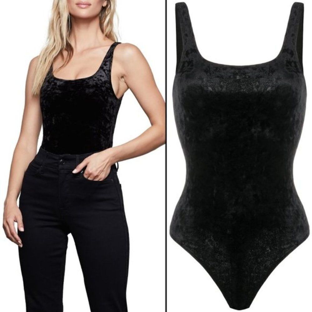 NWT Good American Crushed Black Velvet Scoop Neck Tank Bodysuit
